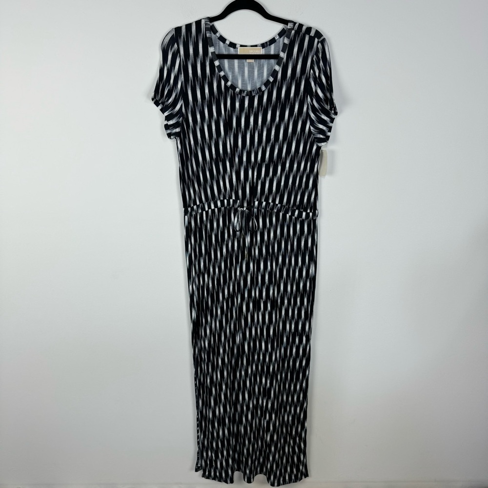 Michael Kors Black & White Striped Short Sleeve Slit Maxi Dress